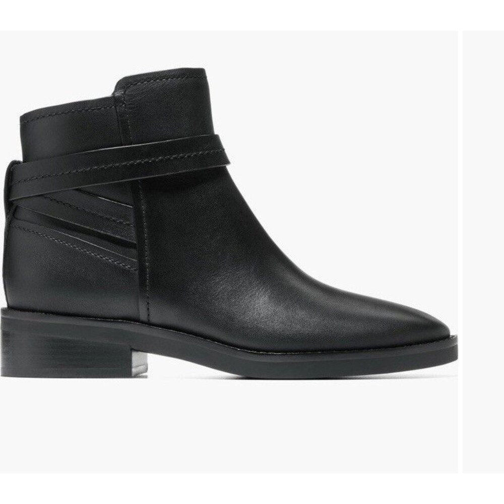 New COLE HAAN Rosalyn Ankle Strap WP Black Leather Low Heels Sz 8.5 B Boots Wmn